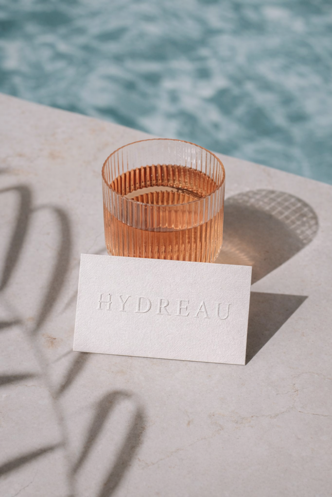 glass with businesscard of Hydreau by the pool